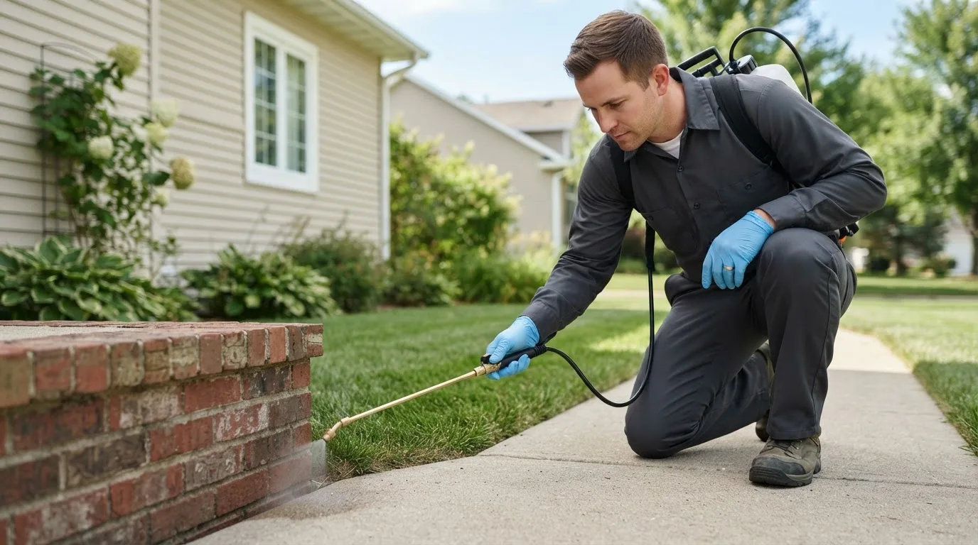 Pest control technician treating a home near Dartmouth, MA